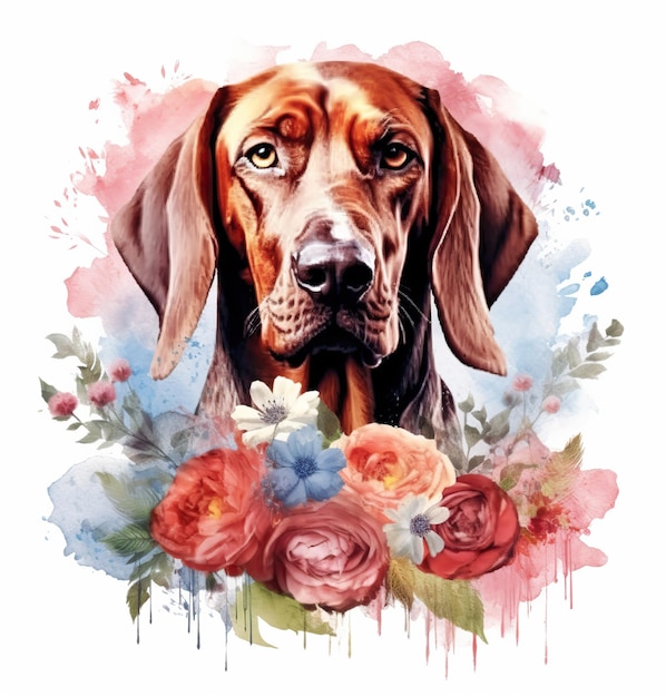 Une peinture d'un chien avec des fleurs dessus