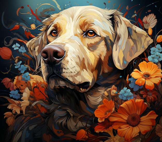 peinture d'un chien avec des fleurs et des feuilles sur un fond sombre