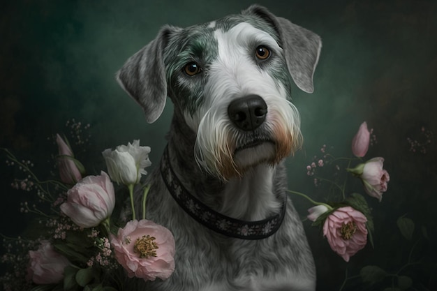 Une peinture d'un chien avec des fleurs