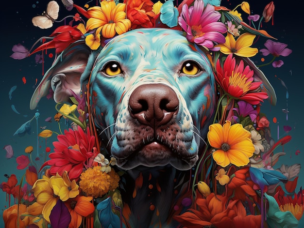 peinture de chien avec des fleurs