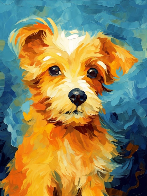 Une peinture d'un chien avec un fond bleu.