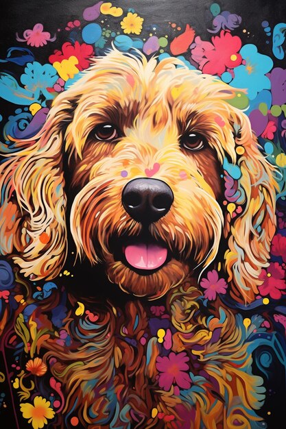 peinture d'un chien avec un fond coloré de fleurs