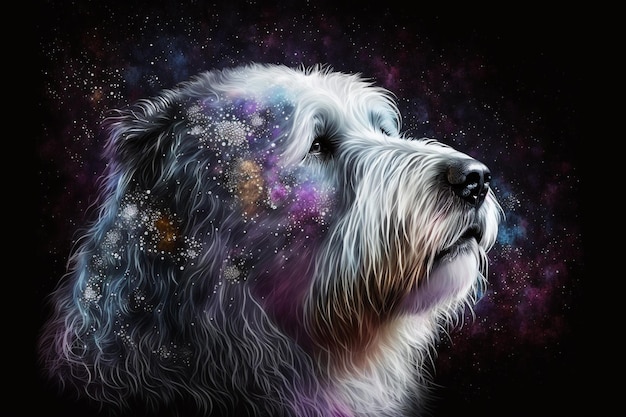 peinture d'un chien avec un fond de galaxie ai générative