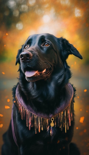 Une peinture d'un chien labrador noir portant une écharpe.