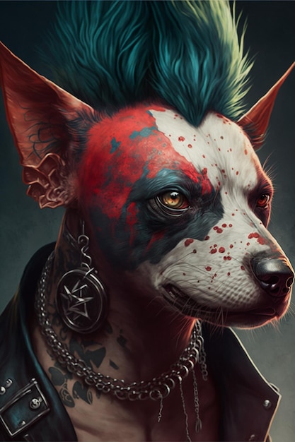 peinture d'un chien avec un mohawk et une veste en cuir IA générative