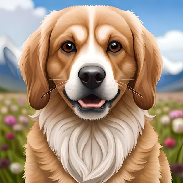 Une peinture d'un chien avec une montagne en arrière-plan.
