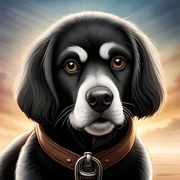 Une peinture d'un chien noir et blanc avec un collier marron.