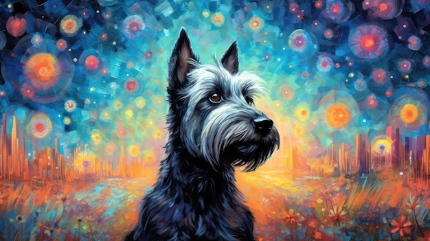 Une peinture d'un chien noir avec un fond coloré.