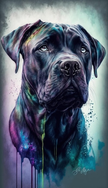 Une peinture d'un chien noir avec le mot noir dessus