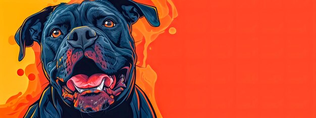 Une peinture d'un chien noir avec sa langue sur un fond rouge et jaune copie de l'espace