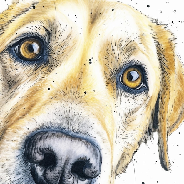 peinture d'un chien avec un œil jaune et un nez noir