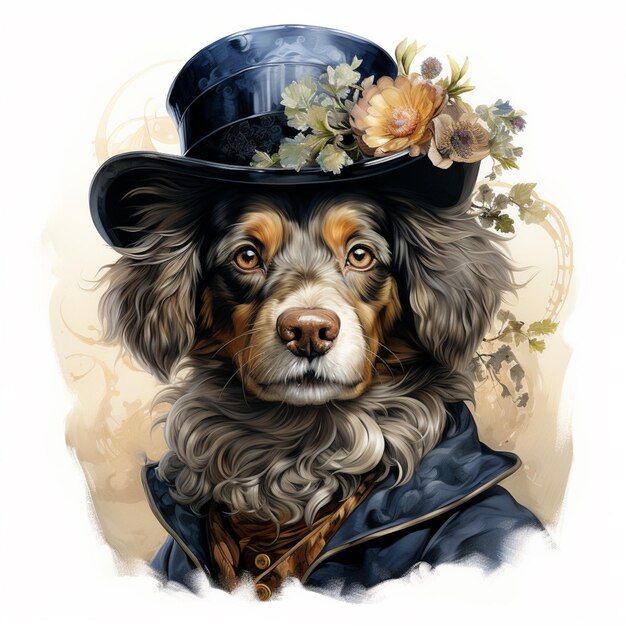 peinture d'un chien portant un chapeau avec des fleurs dessus