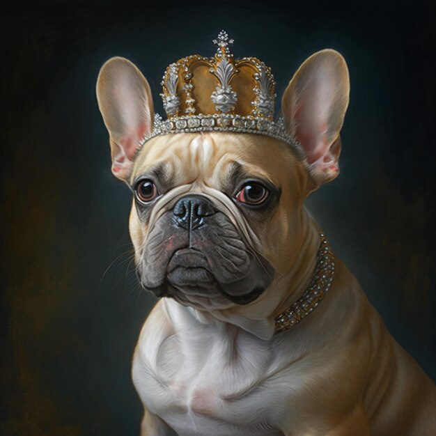 Une peinture d'un chien portant une couronne et un collier de diamants.