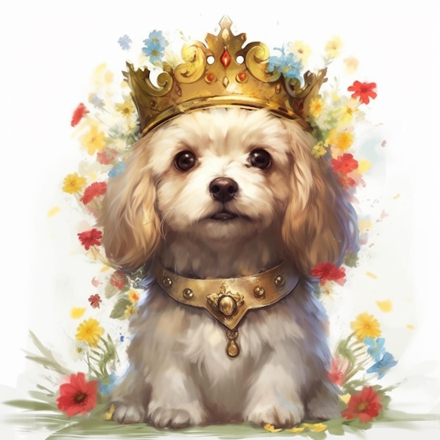 Peinture d'un chien portant une couronne avec des fleurs autour de lui