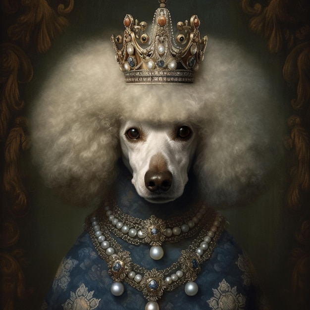 Une peinture d'un chien portant une couronne