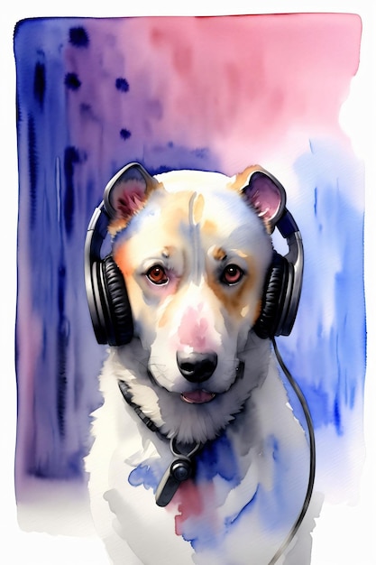 Une peinture d'un chien portant des écouteurs