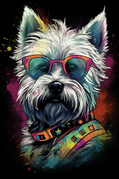 Une peinture d’un chien portant des lunettes de soleil et une chemise aux couleurs de l’arc-en-ciel.