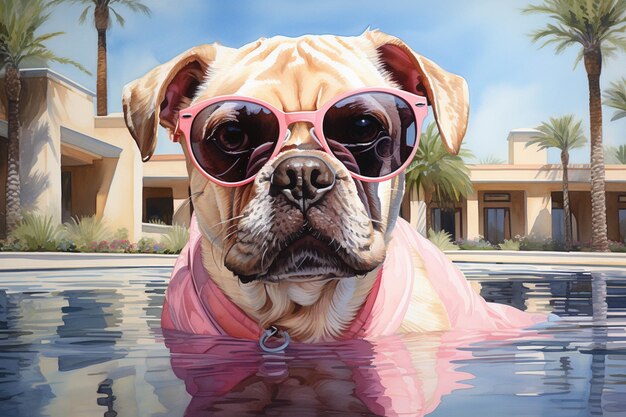 Peinture d'un chien portant des lunettes de soleil dans une piscine avec palmiers ai générative