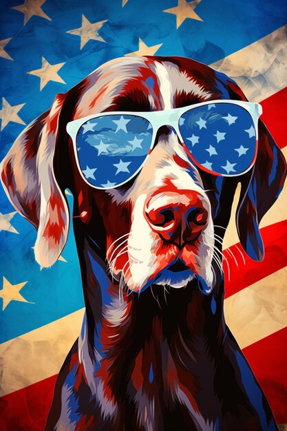 Photo peinture d'un chien portant des lunettes de soleil avec un fond de drapeau américain