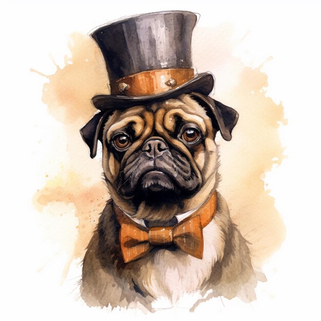 peinture d'un chien pug portant un chapeau haut et un nœud papillon