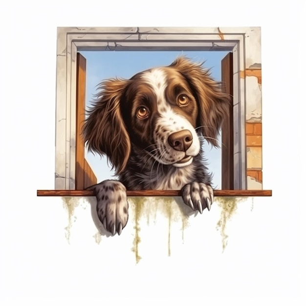 peinture d'un chien regardant par une fenêtre avec sa patte sur le rebord génératif ai
