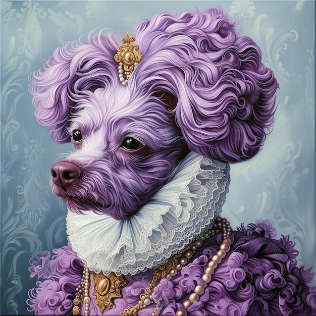 Photo peinture de chien rétro historique antique de fantaisie marie antoinette rococo pourpre