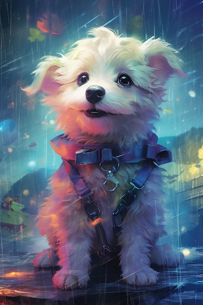 Une peinture d'un chien sous la pluie