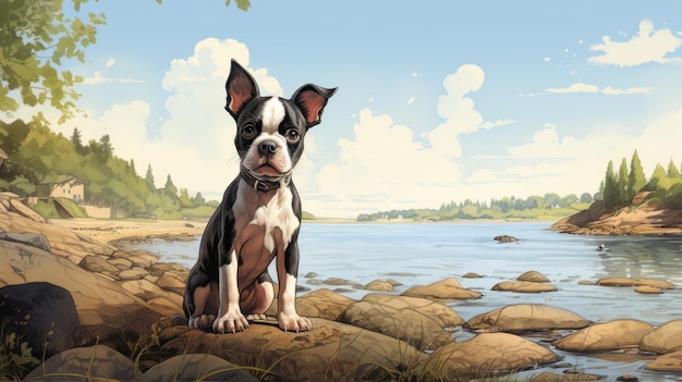 Peinture de chien terrier de Boston sur la rive rocheuse Illustration de livre nostalgique pour enfants