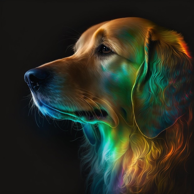 Une peinture d'un chien avec une tête de couleur arc-en-ciel.