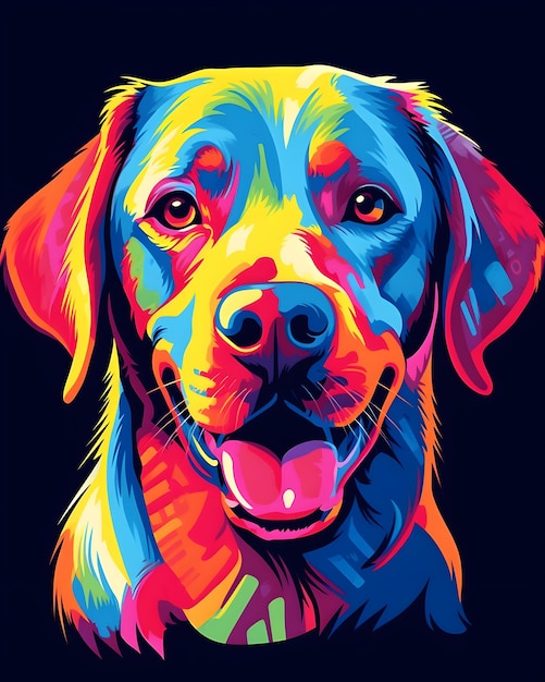 Une peinture d'un chien avec un visage bleu et jaune.