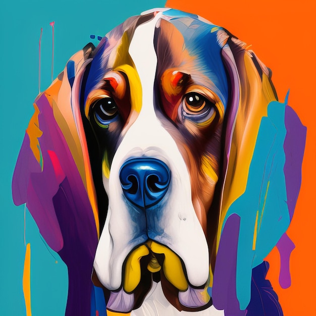 Une peinture d'un chien avec un visage bleu et le mot beagle dessus