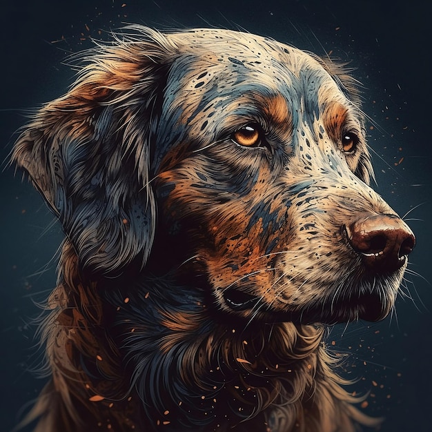 Une peinture d'un chien avec un visage brun et des taches noires.