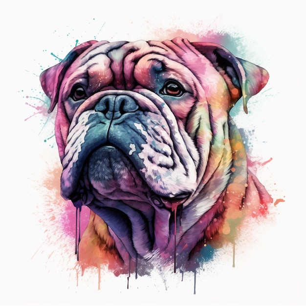 peinture d'un chien avec un visage coloré et un fond éclaboussé