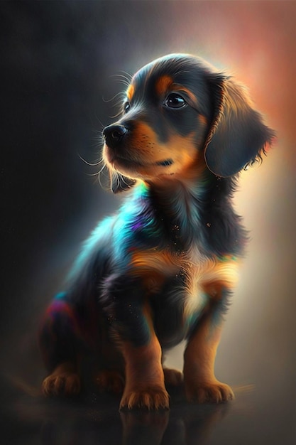 Une peinture d'un chien avec un visage de couleur arc-en-ciel.