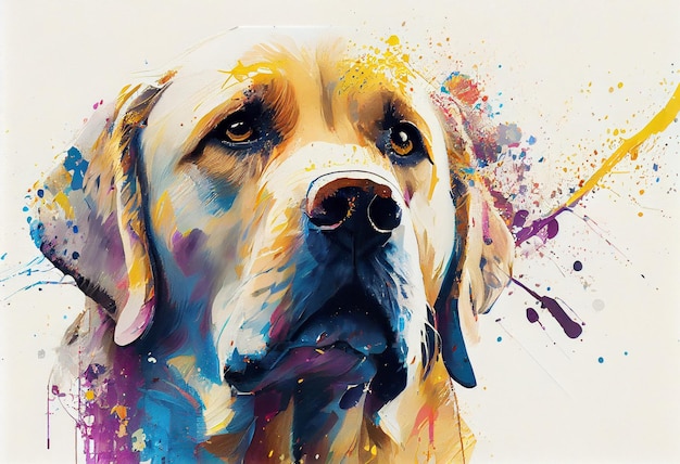 peinture d'un chien avec un visage éclaboussé et un collier jaune