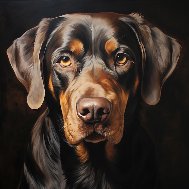 peinture d'un chien avec un visage noir et brun et des yeux bruns