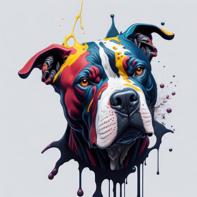 Une peinture d'un chien avec un visage rouge, bleu et jaune.