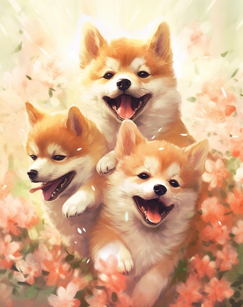 Une peinture de chiens shiba inu avec leurs pattes sur fond de fleur rose.