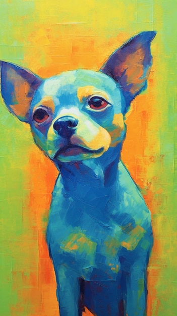 Une peinture d'un chihuahua bleu avec un fond jaune.