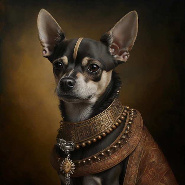 Une peinture d'un chihuahua noir avec une robe de taches brunes.