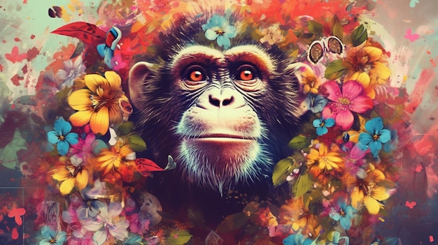 Une peinture d'un chimpanzé entouré de fleurs.