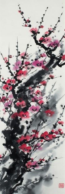 Photo peinture chinoise d'une branche de fleurs