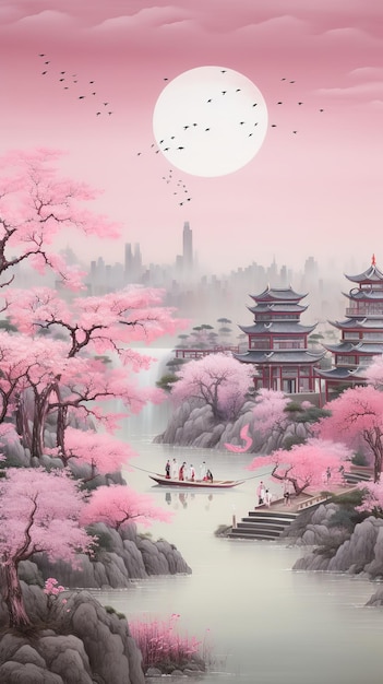 une peinture chinoise de paysage représentant des personnes sont des activités