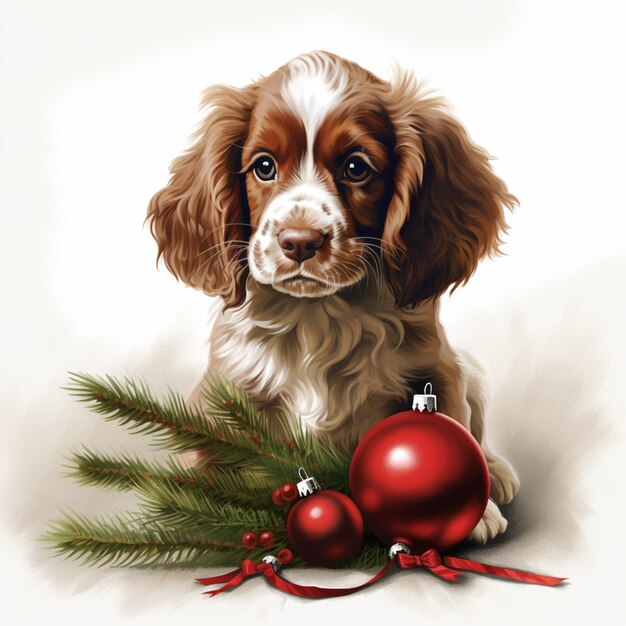 Peinture d'un chiot avec un ornement de Noël et une branche de pin