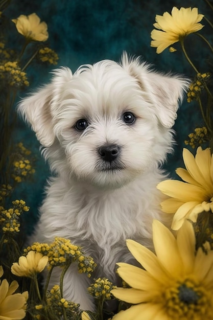 Une peinture d'un chiot westie en fleurs