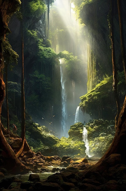 Une peinture d'une chute d'eau dans une forêt avec une chute d'eau en arrière-plan.