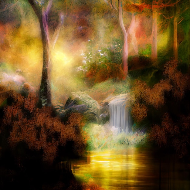 Une peinture d'une chute d'eau dans une forêt avec une chute d'eau en arrière-plan.