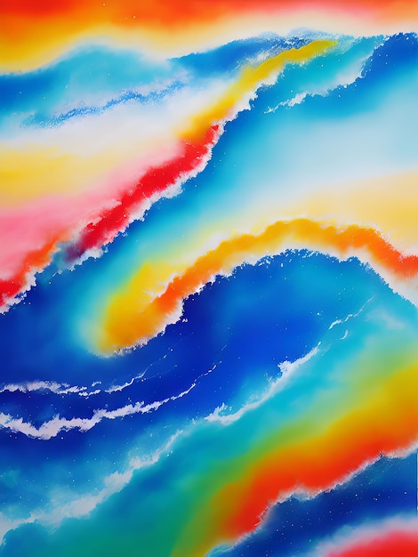 Une peinture d'un ciel coloré avec des nuages au milieu