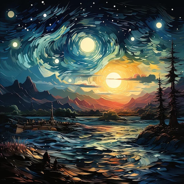 une peinture d'un ciel nocturne avec des étoiles et une pleine lune