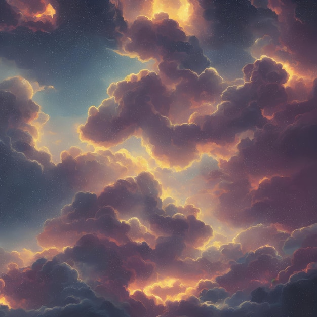 Une peinture d'un ciel avec des nuages et le soleil qui le traverse.